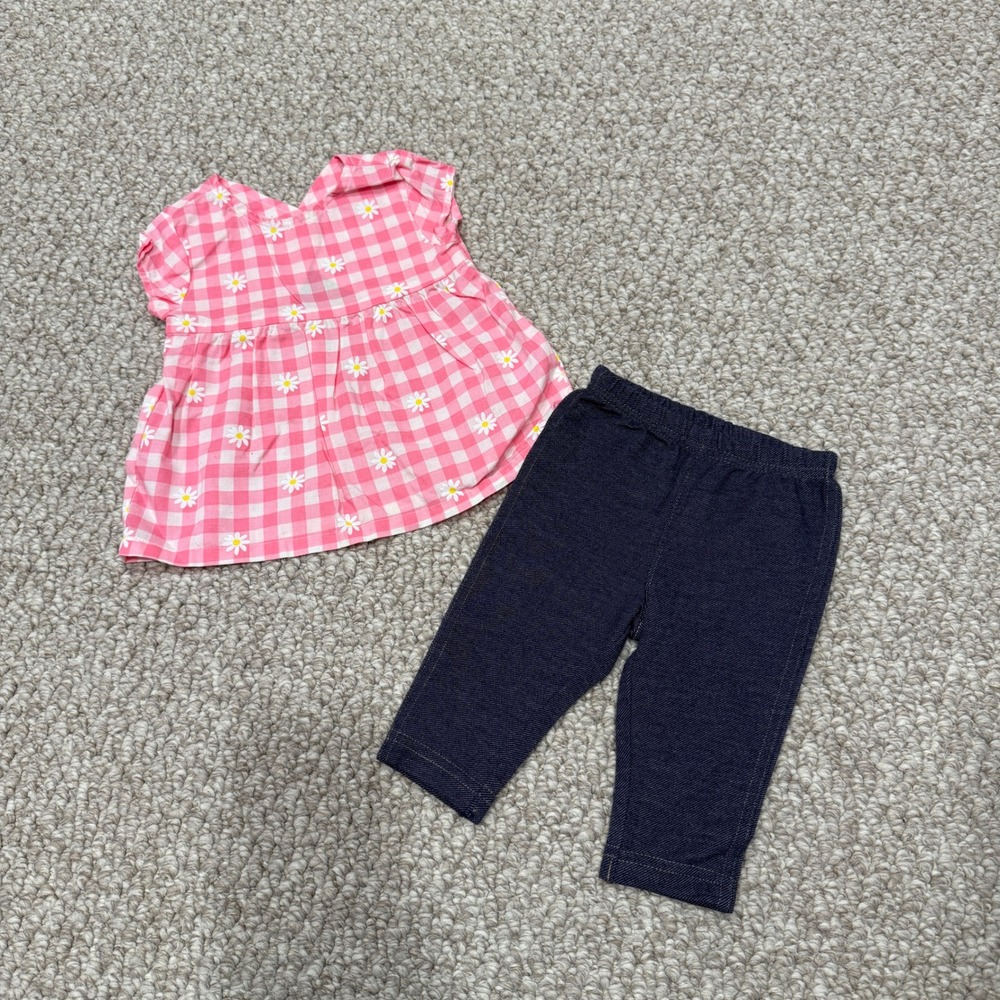 Carters Pink‎ Gingham Daisy Dress & Navy Pants Set Baby Girl Size 6 Months